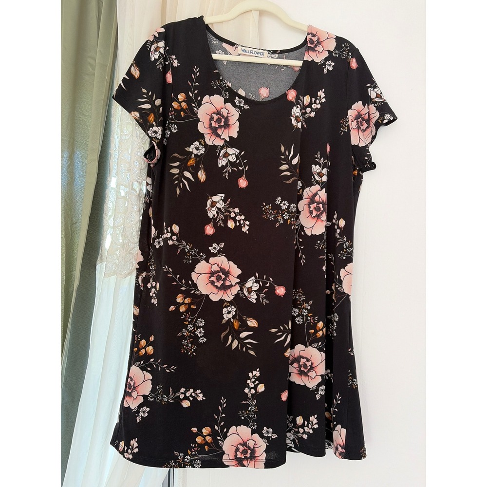 Wallflower T-Shirt Dress Womens 1X Black Floral Scoop Neck Whimsigoth Stretchy